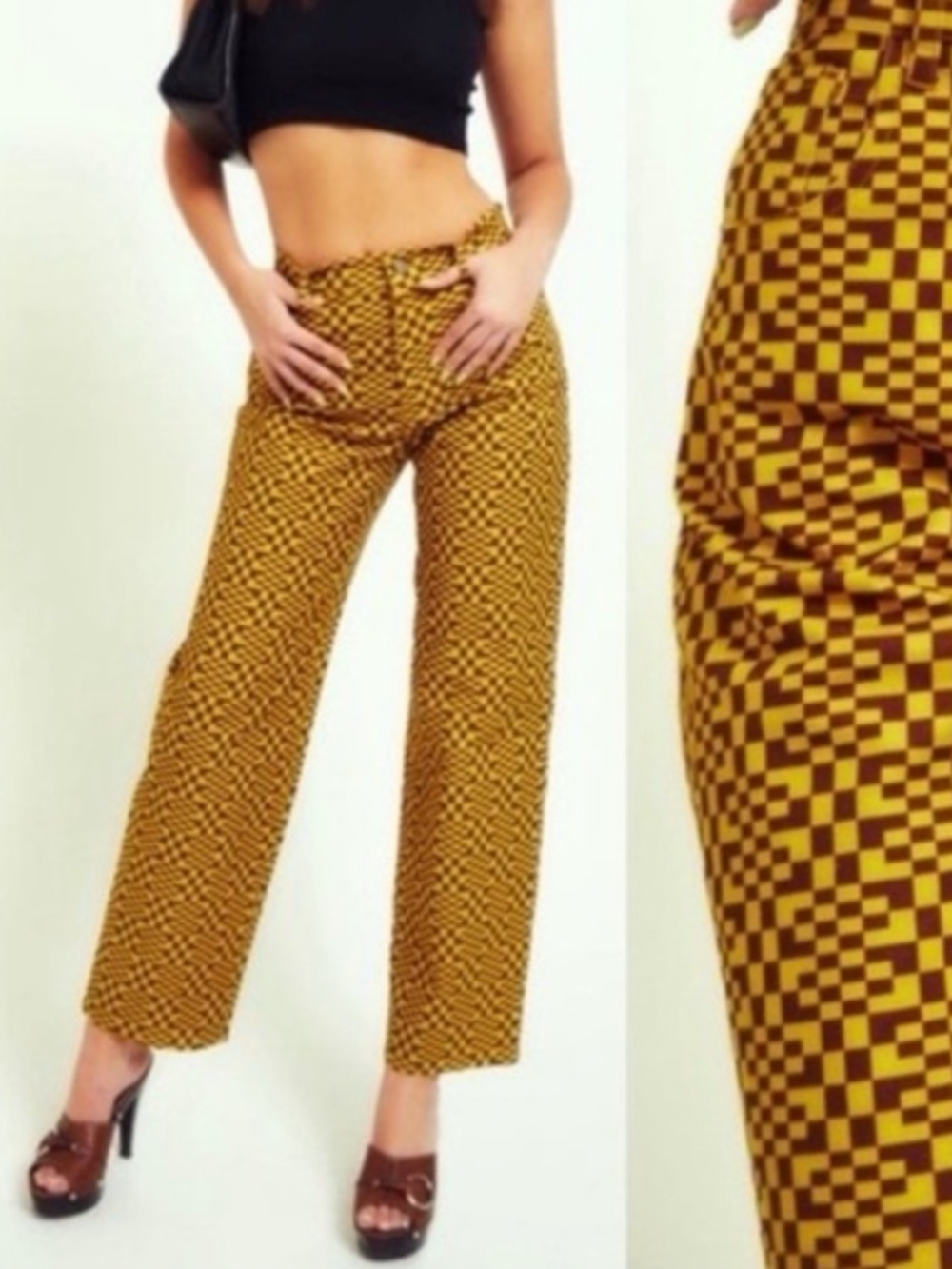 Miaou Yellow and Brown Checkered High-Rise Wide-Leg Pants